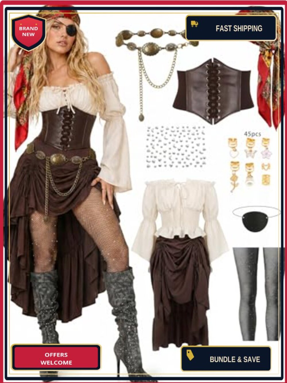 9 PCS Pirate Costume Women Set Renaissance Halloween Outfit Skirt